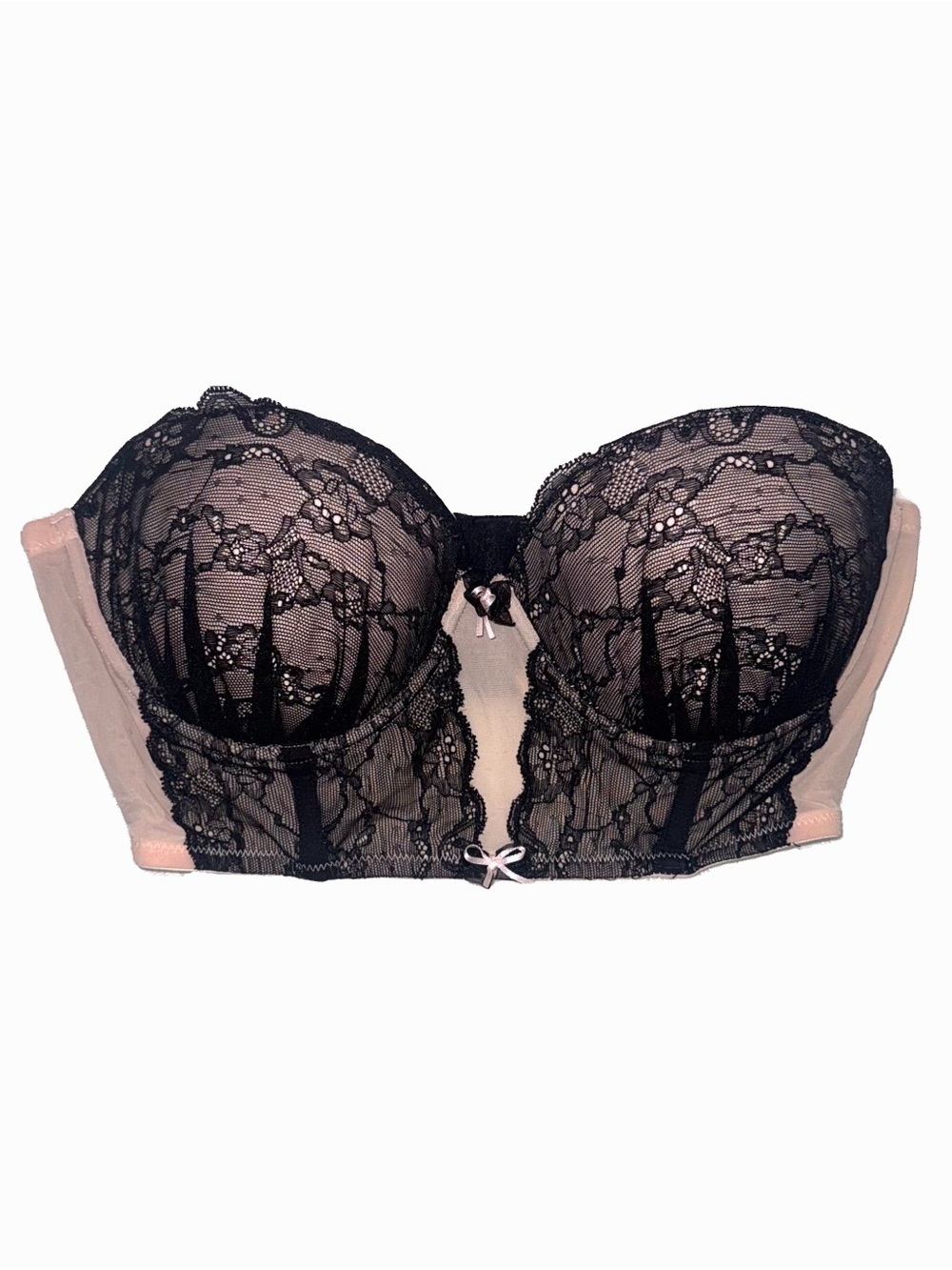 Betsey Johnson Lace Longline Strapless Bustier Bra Black Pink 34B